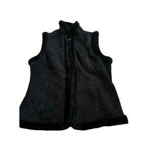 Chaps Women's Medium Faux Suede Fur Vest Black Gold Zipper Preowned
